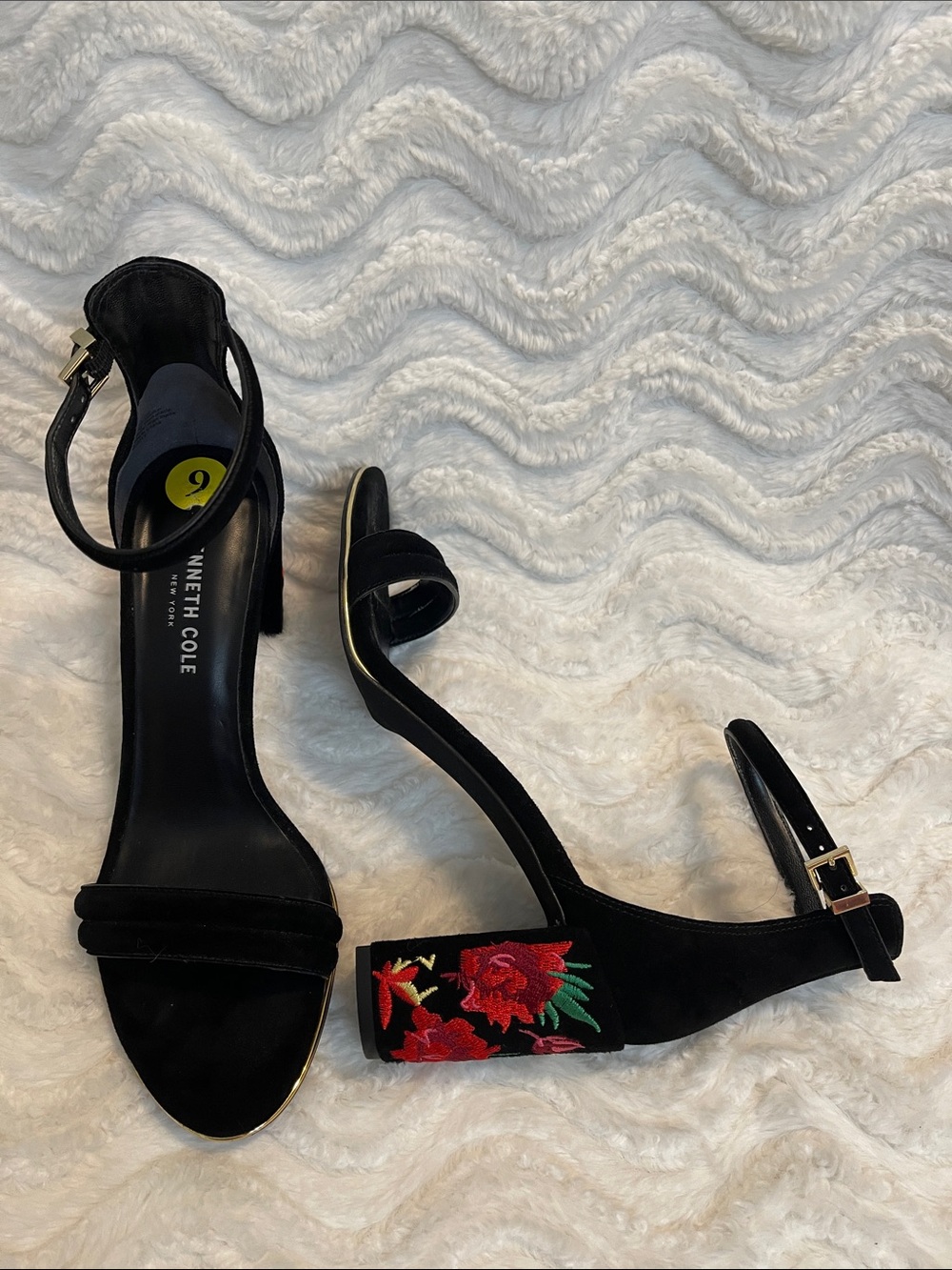 Kenneth Cole Black Suede Ankle-Strap Heels with Floral Embroidery